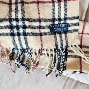 Burberry Tan Black Red White Plaid Lambswool Fringe Scarf